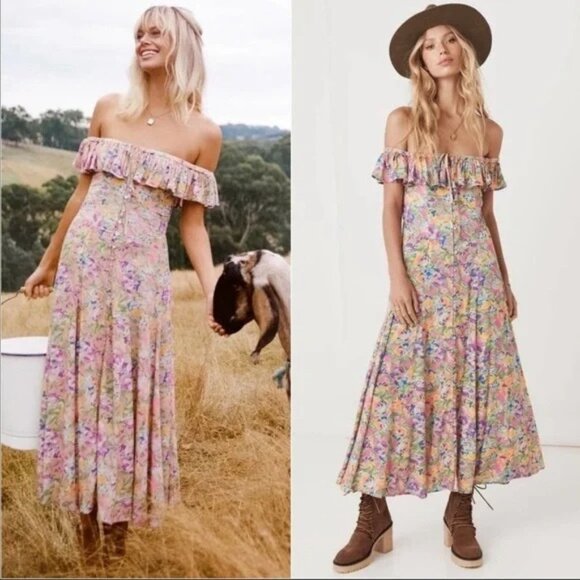 Spell Dolly Off-Shoulder Midi Dress Popsicle Floral $259 - Picture 1 of 13